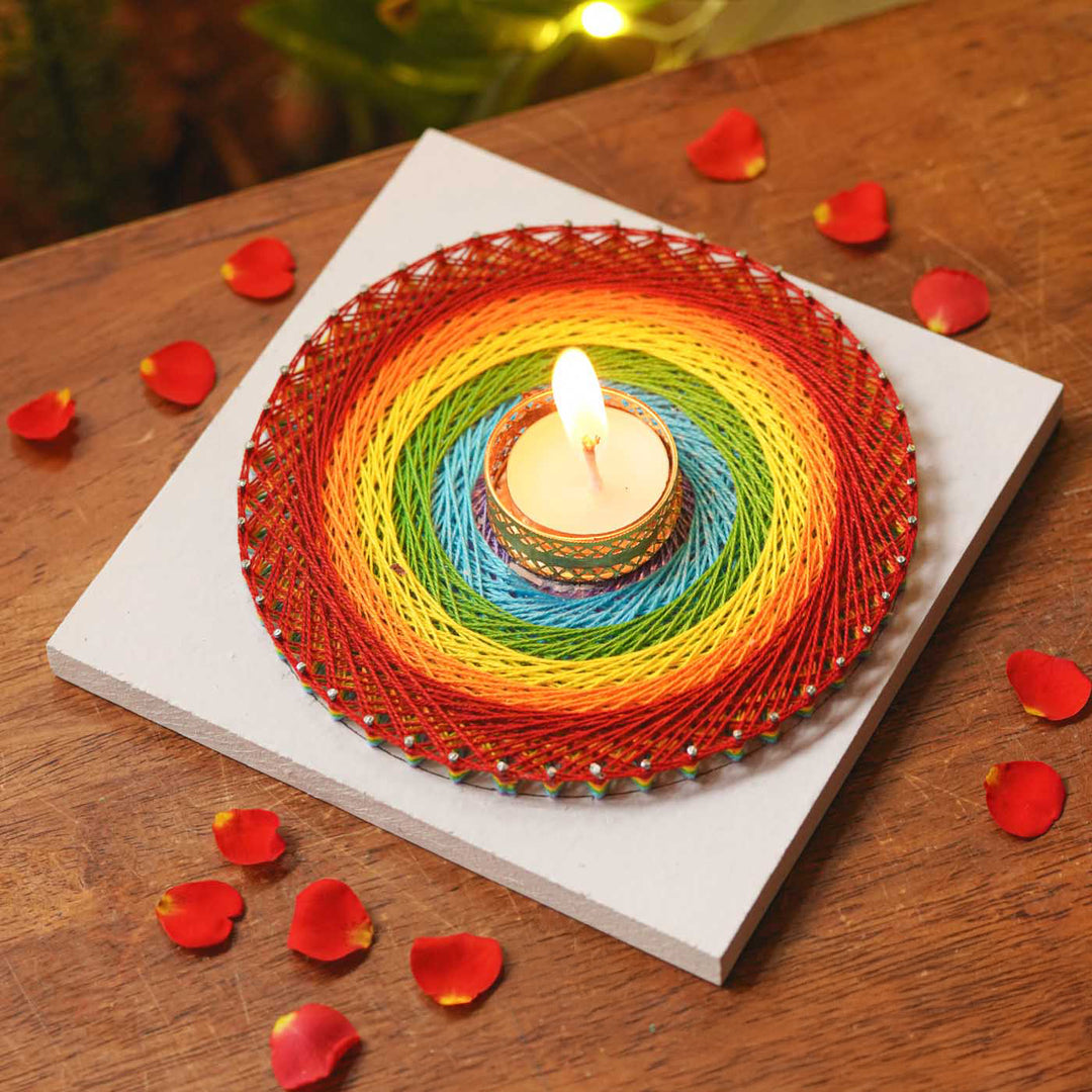 Handmade String Art Rainbow Design Wooden Tealight Holder With Tealight Candle
