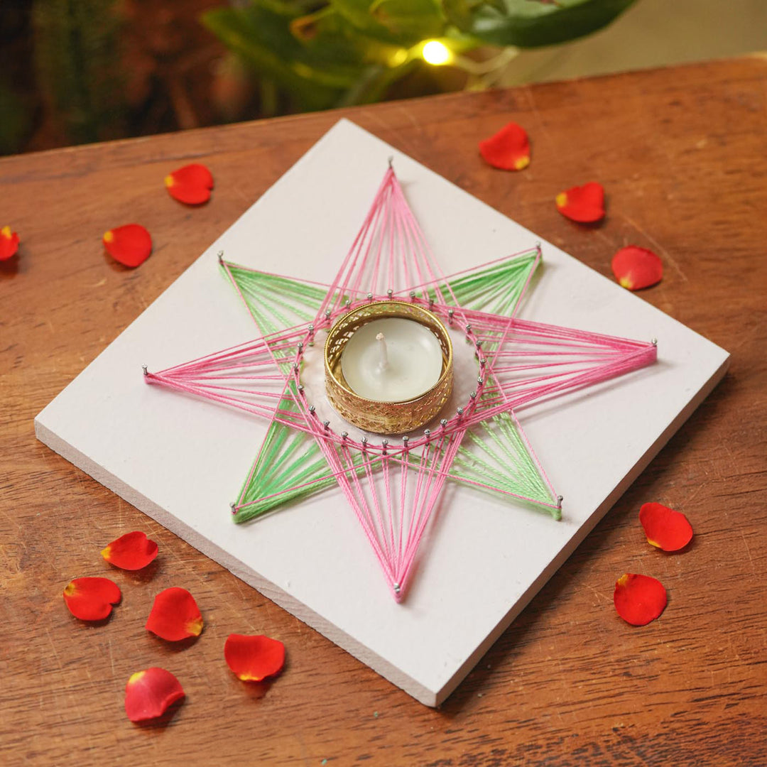 Handmade String Art Flower Design Wooden Tealight Holder With Tealight Candle