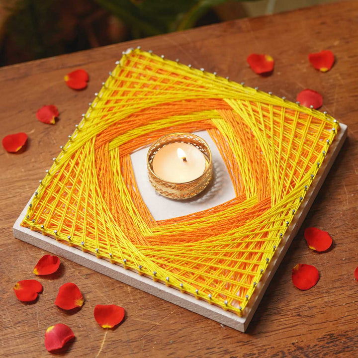 Handmade String Art Sunshine Design Wooden Tealight Holder With Tealight Candle
