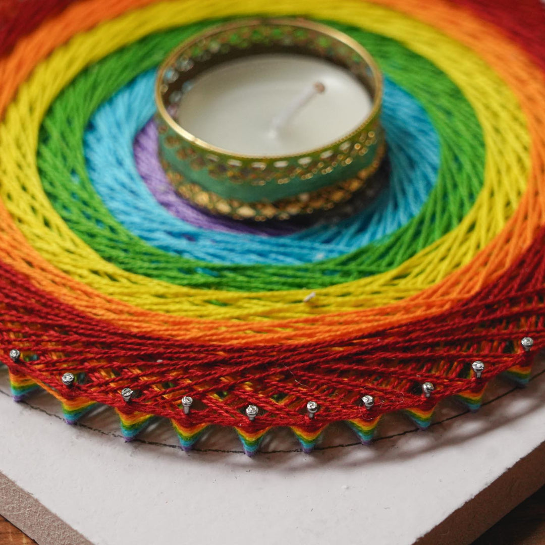 Handmade String Art Rainbow Design Wooden Tealight Holder With Tealight Candle