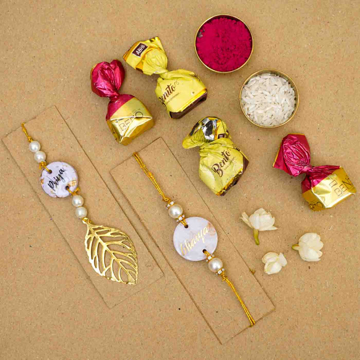 Personalized Handmade Lavendar Resin Bhaiya Bhabhi Rakhi With Roli Chawal Set Of 2 - Flat Lay Alternate Angle with Items