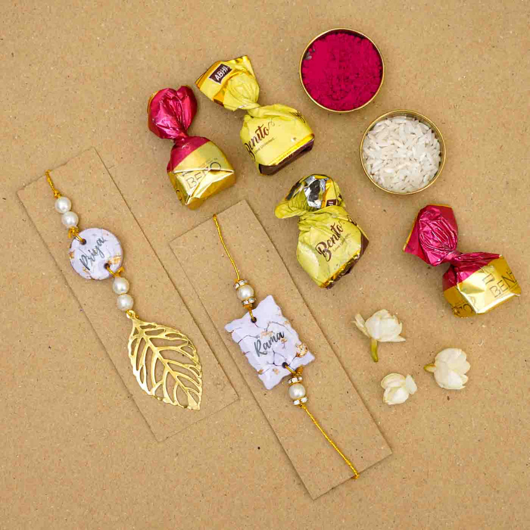 Personalized Handmade Lavendar Resin Bhaiya Bhabhi Rakhi With Roli Chawal Set Of 2 - Front View on Card with Items (12)