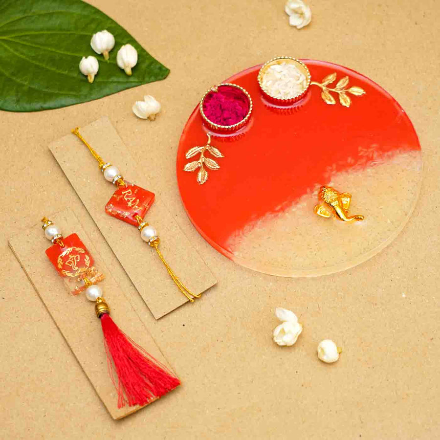 Personalized Handmade Red Resin Rakhi Thali With Roli Chawal For Bhaiya And Bhabhi Set Of 3 - Decorative Rakhi Set with Plate