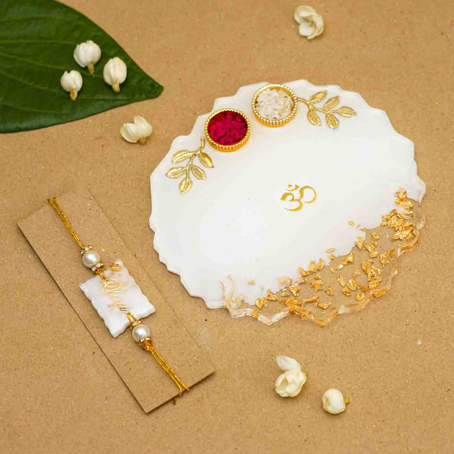 Personalized Handmade White Resin Rakhi Thali With Roli Chawal For Brother Set Of 2 - Front View with Rakhi and Plate