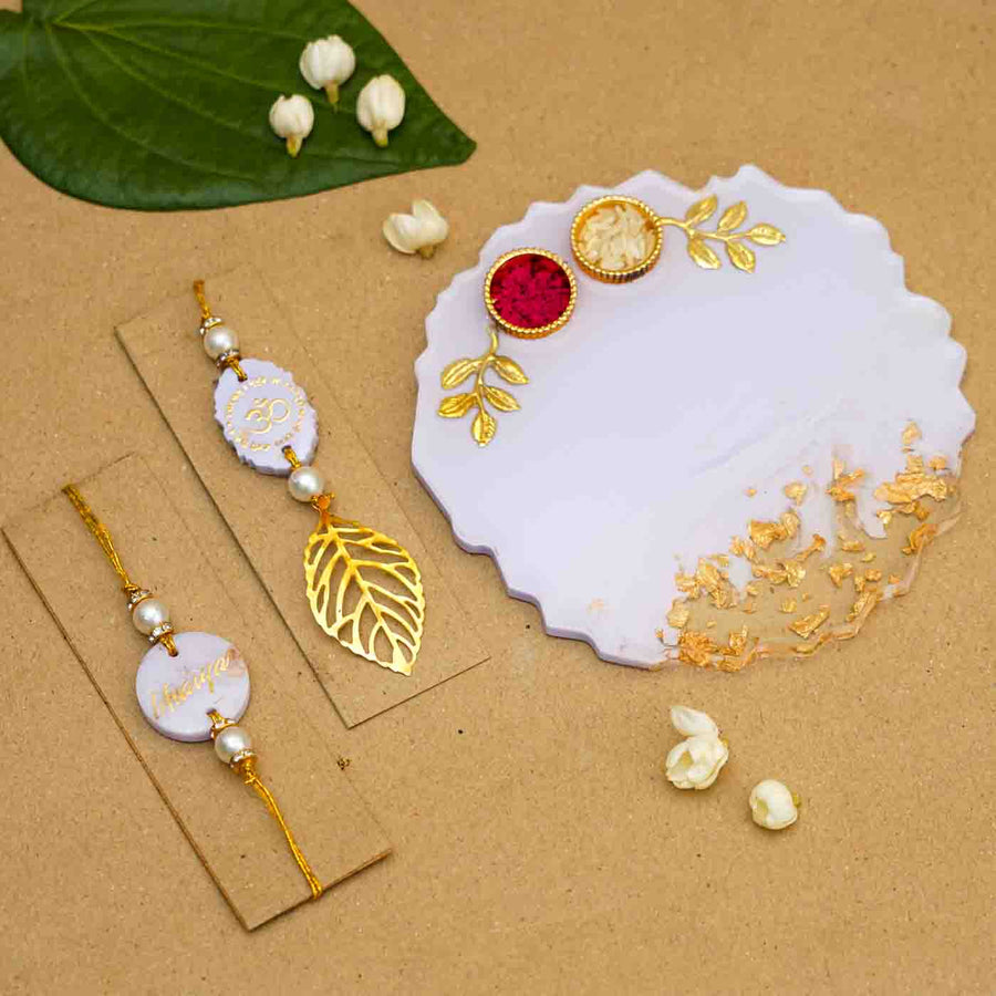 Personalized Handmade Lavendar Resin Rakhi Thali With Roli Chawal For Bhaiya And Bhabhi Set Of 3 - Product Set Front View