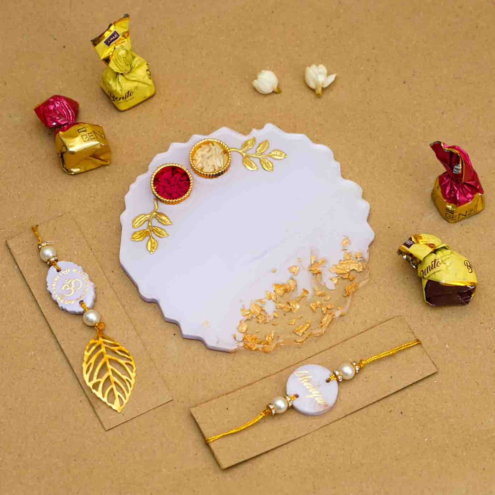 Personalized Handmade Lavendar Resin Rakhi Thali With Roli Chawal For Bhaiya And Bhabhi Set Of 3 - Product Set with Chocolates