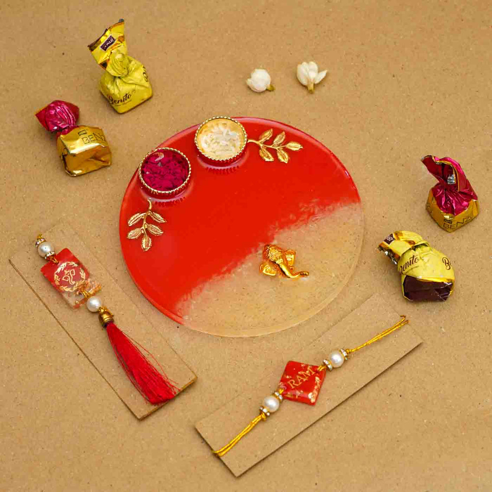 Personalized Handmade Red Resin Rakhi Thali With Roli Chawal For Bhaiya And Bhabhi Set Of 3 - Rakhi Set with Decorative Plate and Sweets