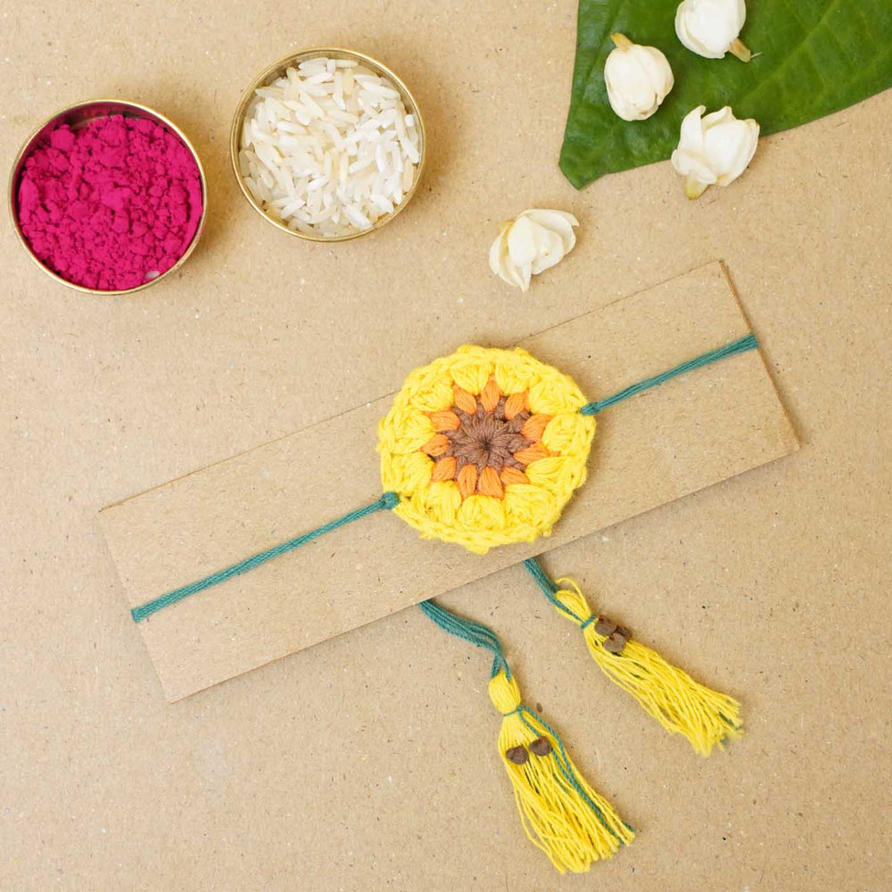 Eco Friendly Handmade Plantable Sunflower Theme Kids Rakhi With Roli Chawal - Packaged on Card with Decorations