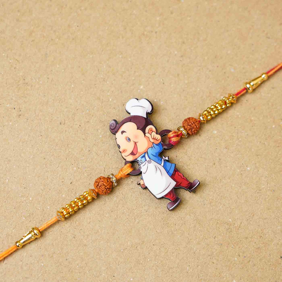 Handmade Printed Masterchef Bhai Wooden Rudraksha Rakhi With Roli Chawal - Close-up of bracelet centerpiece