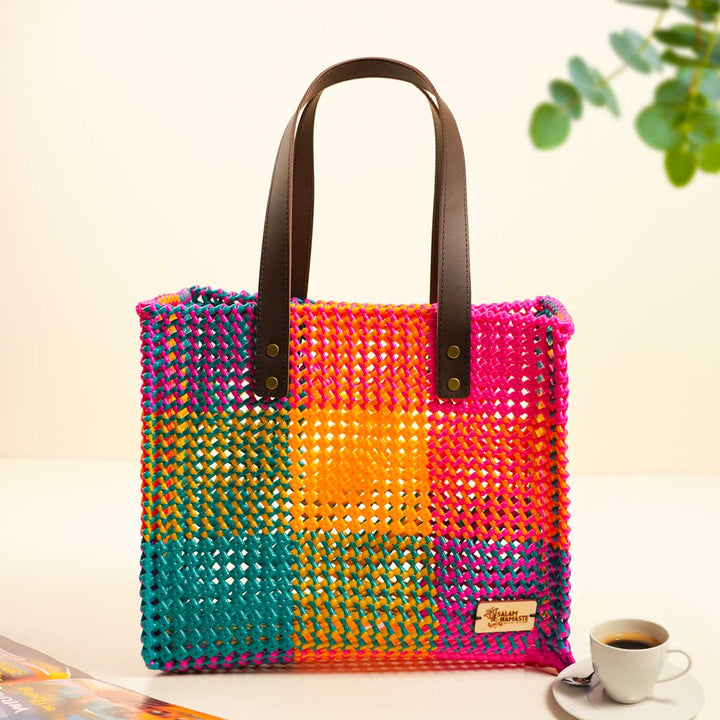 Checkered Multicolor Mukhya Knot Handmade Koodai Tote Bag