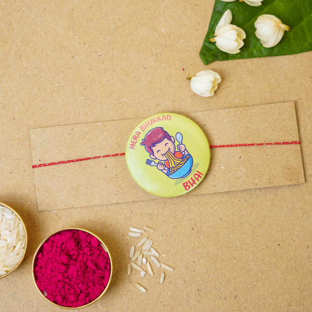 Reusable Printed Bhukkad Bhai Magnetic Metal Rakhi With Roli Chawal - Badge on Kraft Paper Card