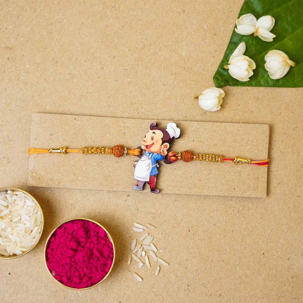 Handmade Printed Masterchef Bhai Wooden Rudraksha Rakhi With Roli Chawal - Bracelet with packaging and accessories