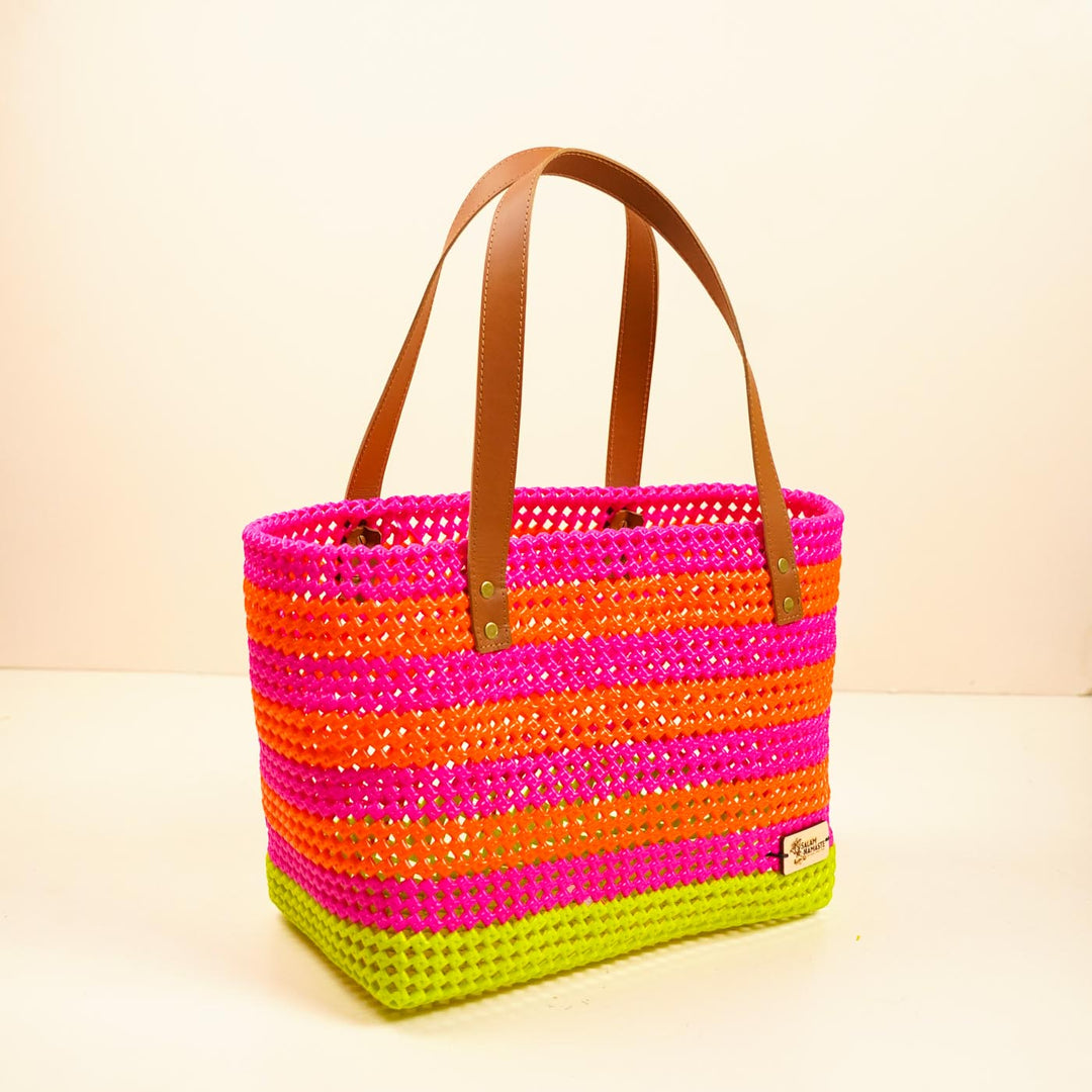 Pink With Green Bottom Mukhya Knot Handmade Koodai Beach Bag