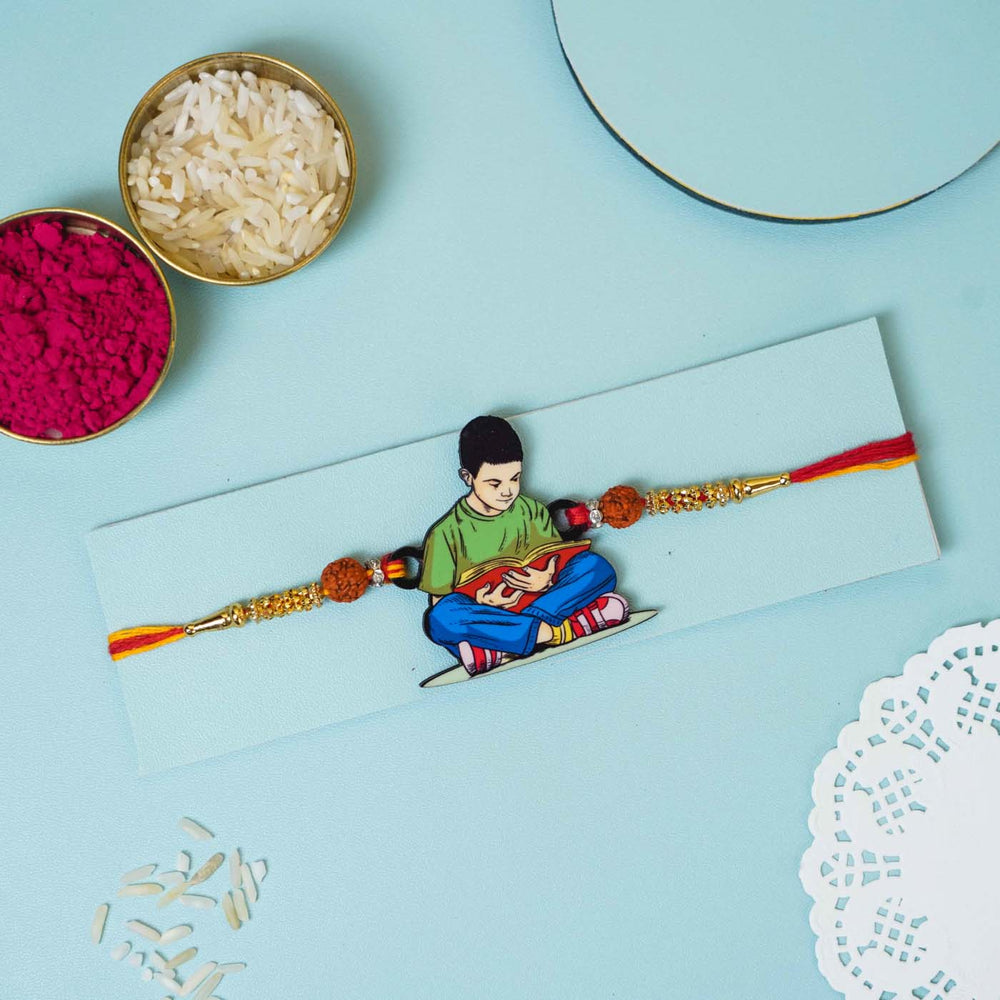 Handmade Printed Padhaku Bhai Wooden Rudraksha Rakhi With Roli Chawal - Full Rakhi on display