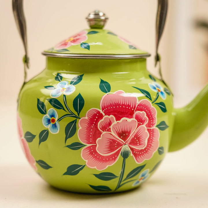 Hand-Painted Pastel Green Floral Kashmiri Art Stainless Steel Teapot