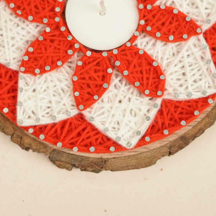 Handmade String Art Red And White Flower Design Mdf Wood Tealight Holder