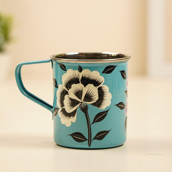 Hand-Painted Pastel Blue Floral Kashmiri Art Stainless Steel Mug