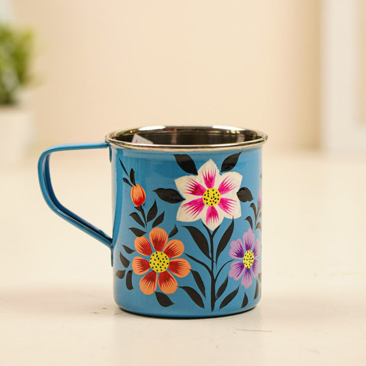 Hand-Painted Blue Floral Kashmiri Art Stainless Steel Mug