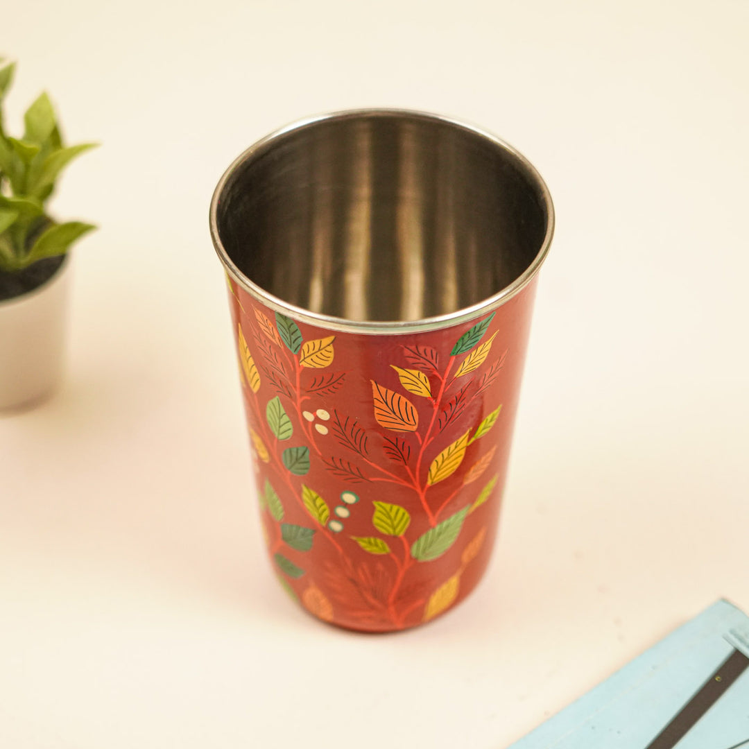 2Pc | Hand-Painted Red & Black Floral Kashmiri Art Stainless Steel Large Glasses
