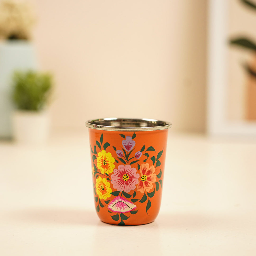 2Pc | Hand-Painted Floral Kashmiri Art Stainless Steel Medium Glasses