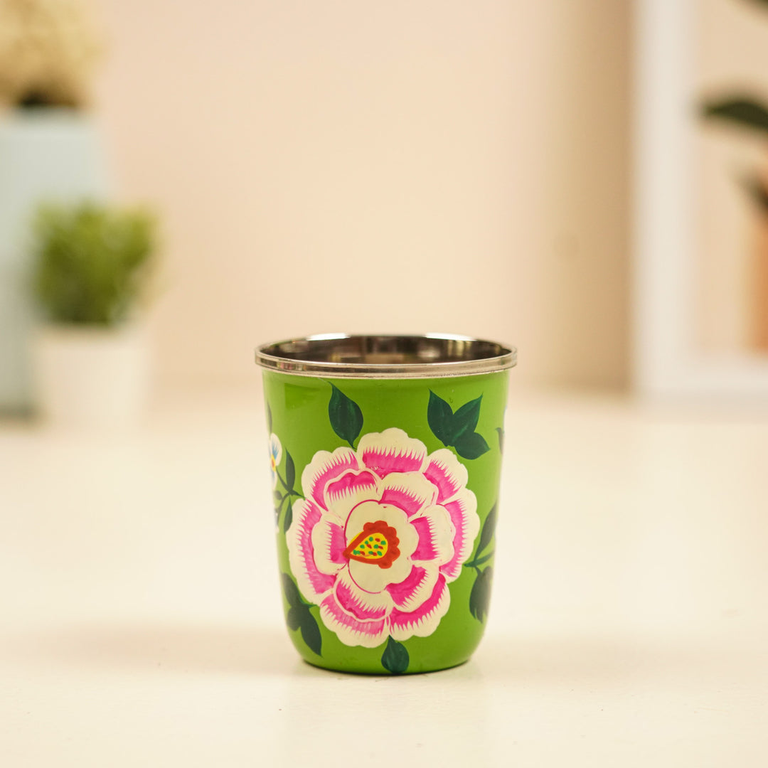 2Pc | Hand-Painted Green Floral Kashmiri Art Stainless Steel Medium Glasses