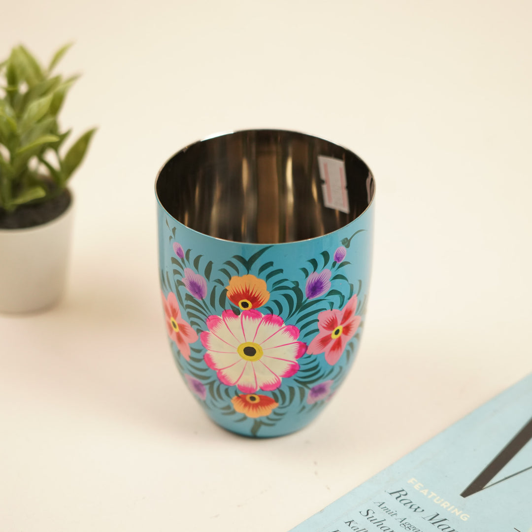 2Pc | Hand-Painted Orange & Blue Floral Kashmiri Art Stainless Steel Large Round Glasses