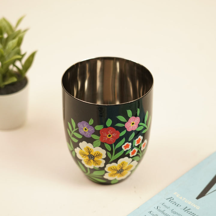 2Pc | Hand-Painted Black & Blue Floral Kashmiri Art Stainless Steel Large Round Glasses