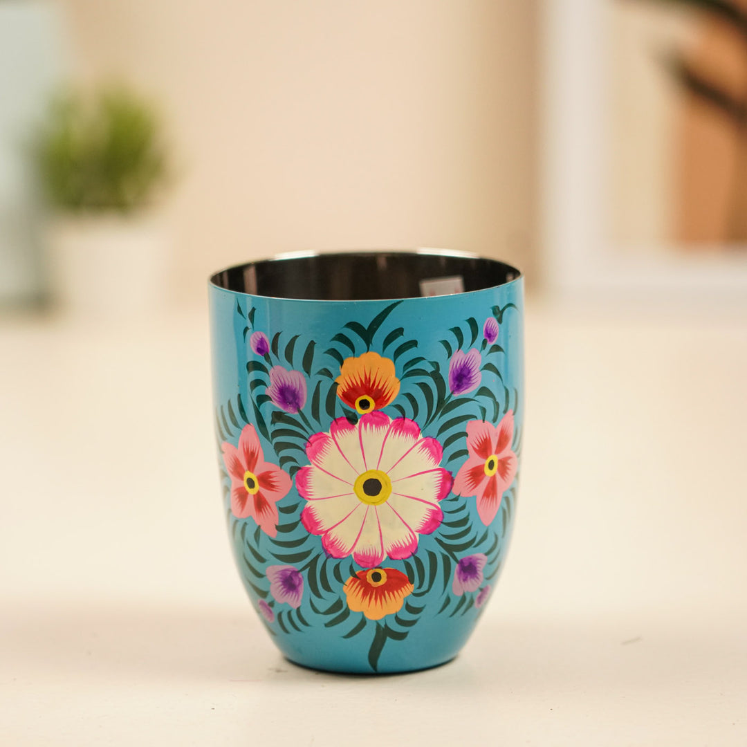 2Pc | Hand-Painted Orange & Blue Floral Kashmiri Art Stainless Steel Large Round Glasses