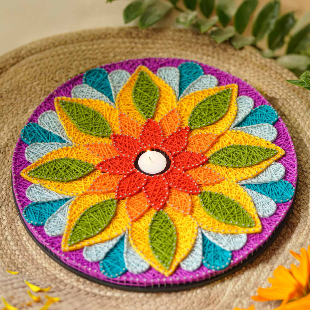 Handmade String Art Rangoli Design Mdf Wood Tealight Holder