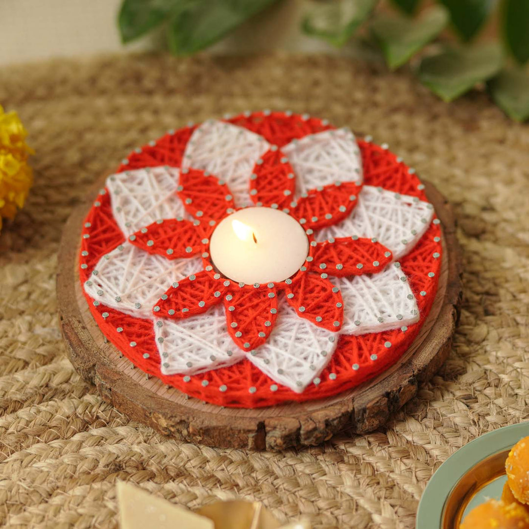 Handmade String Art Red And White Flower Design Mdf Wood Tealight Holder