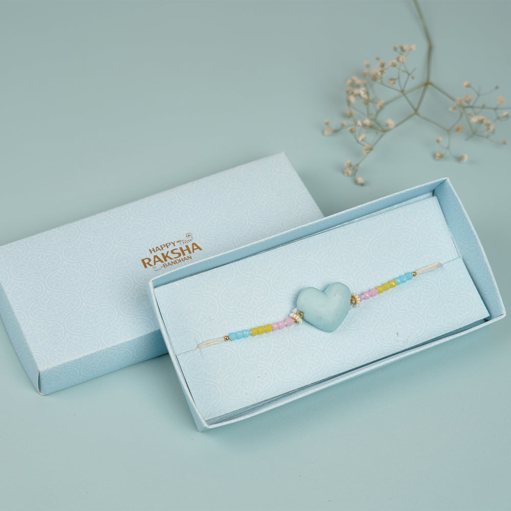 Handmade Heart Shaped Clay Bhaiya Bhabhi Rakhi With Roli Chawal Set Of 2 - Single Bracelet in Gift Box