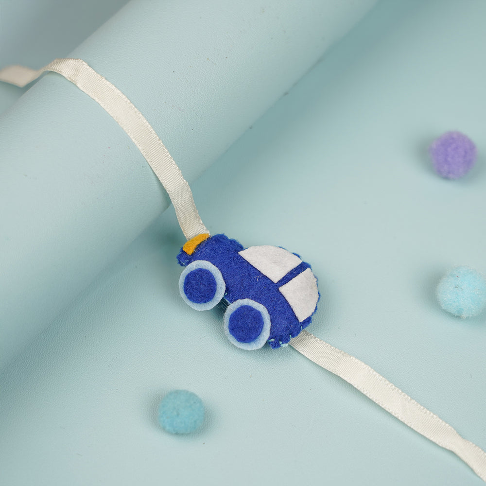 Handmade Blue Car Theme Felt Kids Rakhi - Close-up on Car Detail (2)