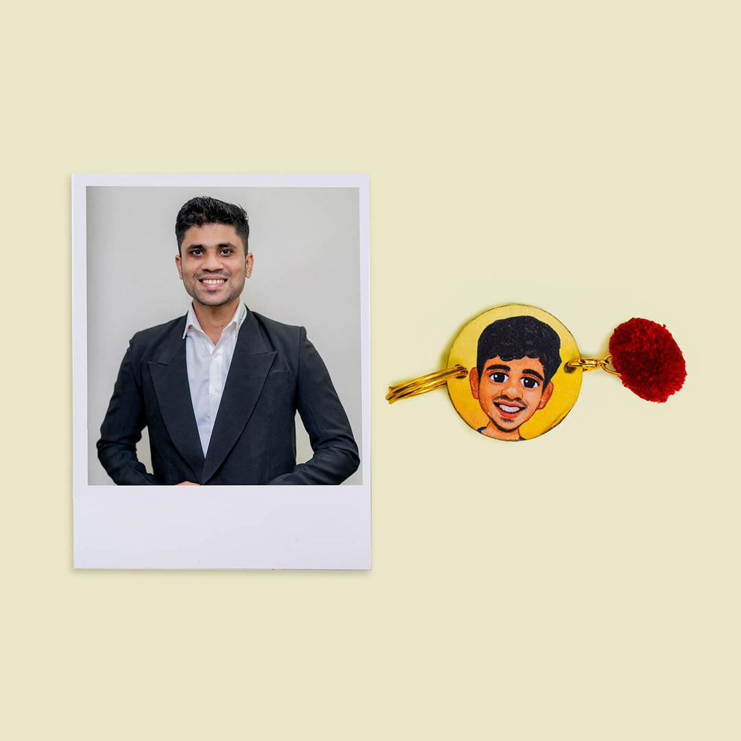 Handpainted Personalized Caricature Rakhi With Roli Chawal - Keychain with reference photo