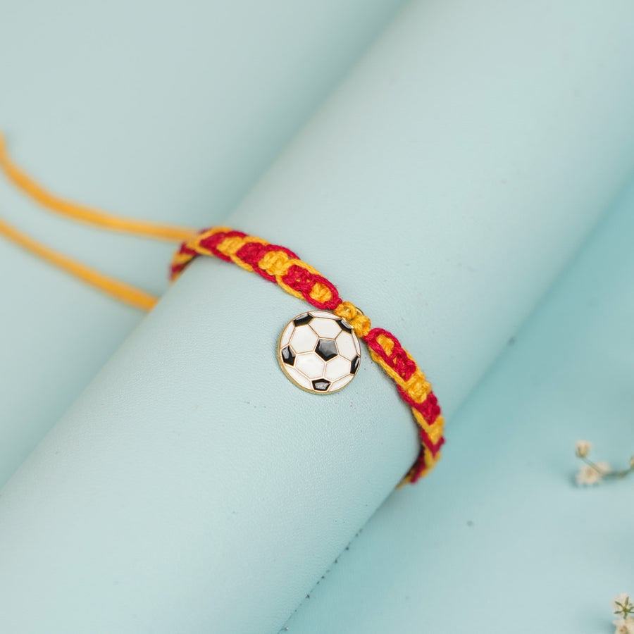 Handmade Football Design Metal Rakhi For Brother - Close-up on Bracelet Detail