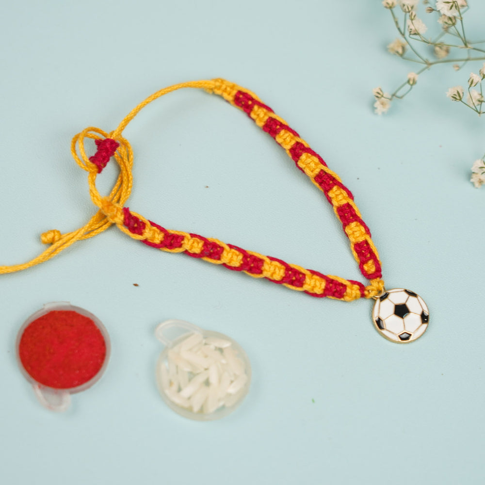 Handmade Football Design Metal Rakhi For Brother - Full View with Accessories