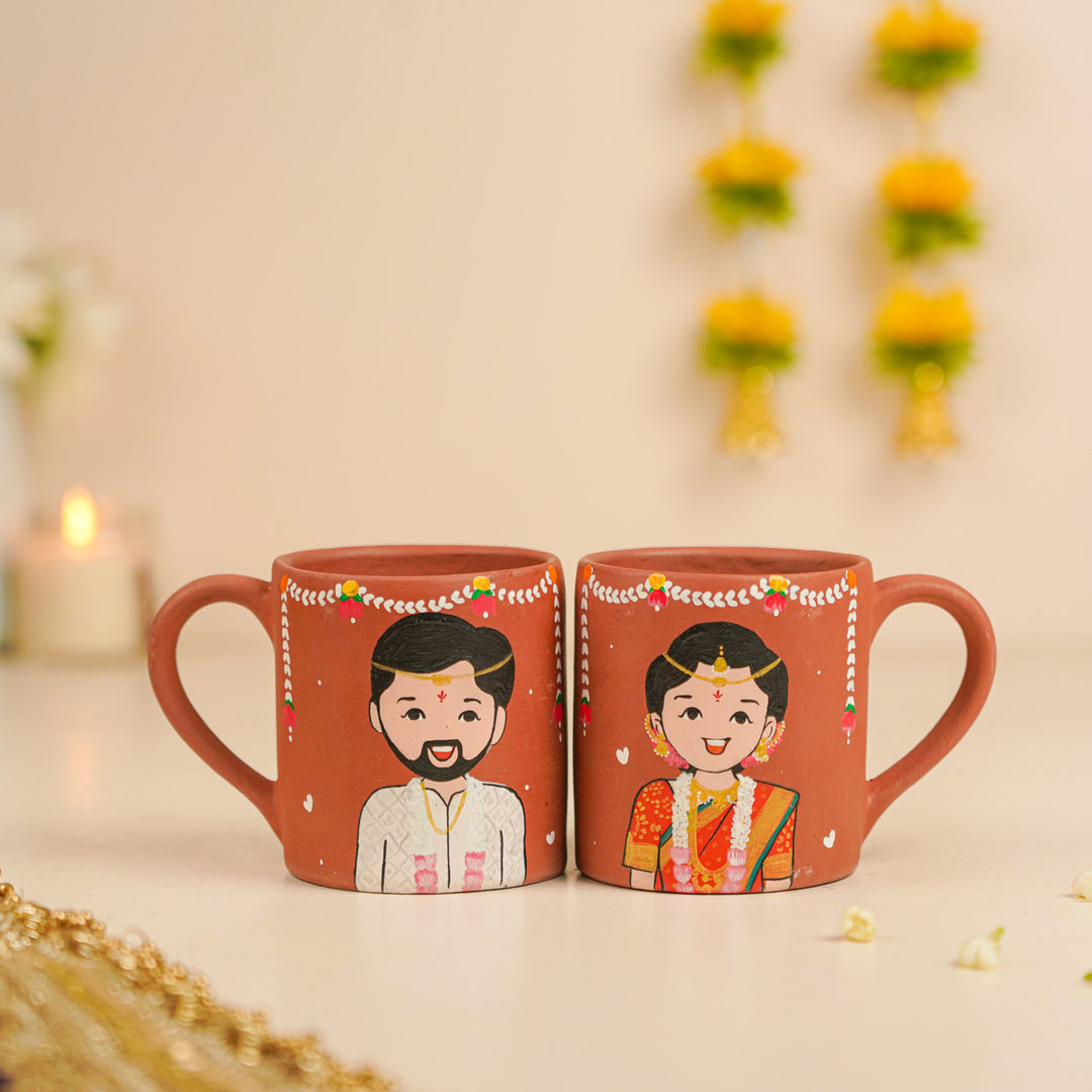 2 Pc | South Indian Couple Personalized Handpainted Terracotta Mug | 200 ml