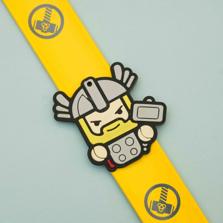 Handmade Thor Slap Band Kids Rakhi With Roli Chawal - Close-up of Character Detail