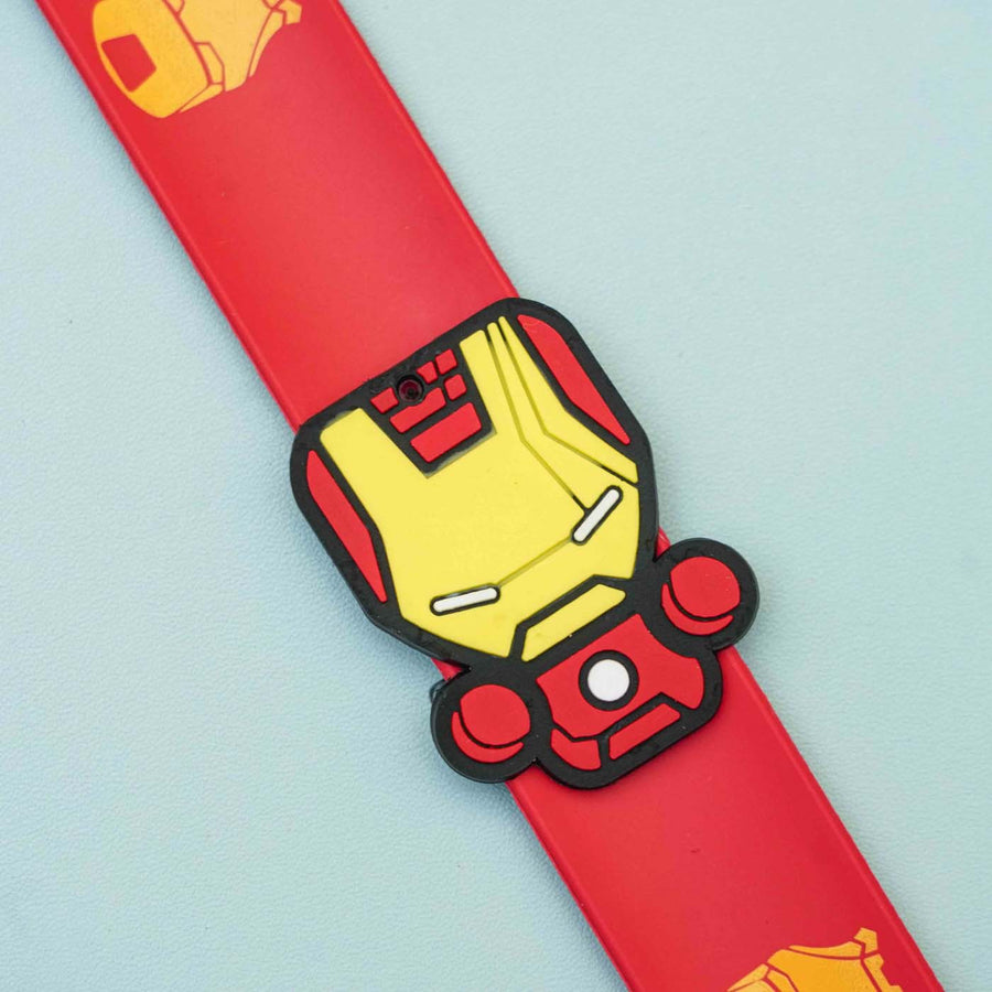 Handmade Iron Man Slap Band Kids Rakhi With Roli Chawal - Close-up on Character Detail