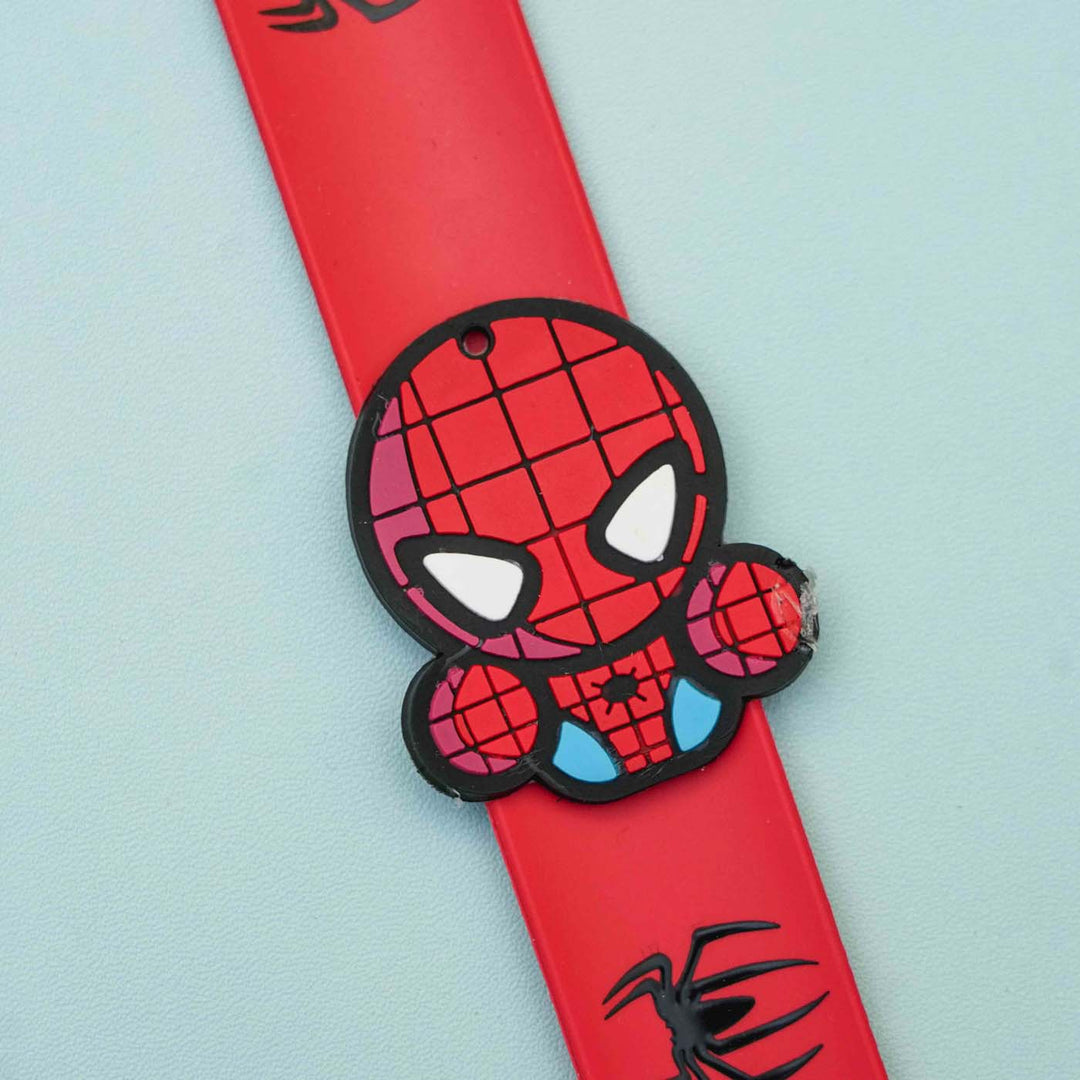 Handmade Spiderman Slap Band Kids Rakhi With Roli Chawal - Close-up of Character Detail
