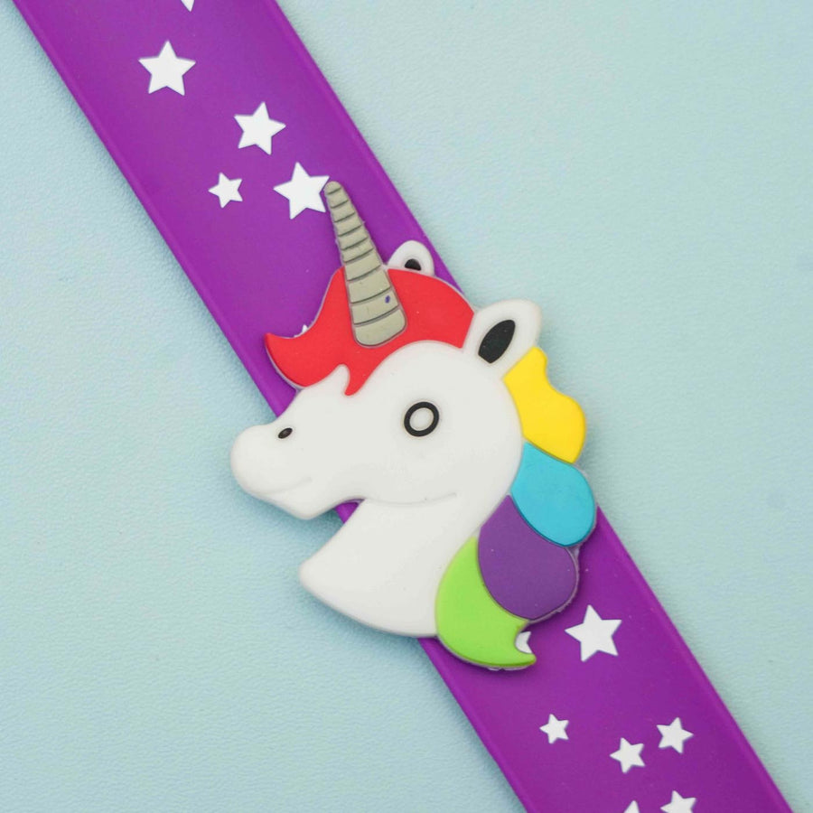 Handmade Unicorn Head Slap Band Kids Rakhi With Roli Chawal - Close-up of Unicorn Charm
