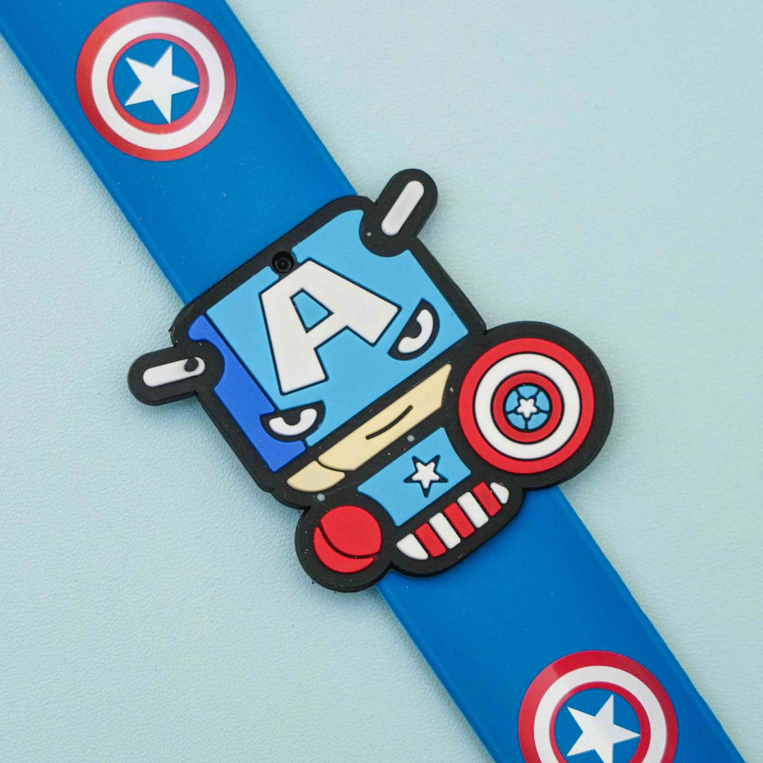 Handmade Captain America Slap Band Kids Rakhi With Roli Chawal - Close-up of Icon Detail