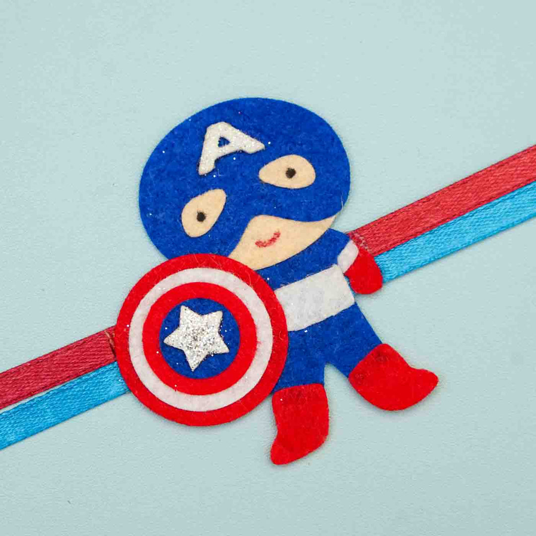 Personalized Handmade Superhero Theme Felt Kids Rakhi And Name Plate Combo For Brother Set Of 2 - Close-up of Rakhi Detail