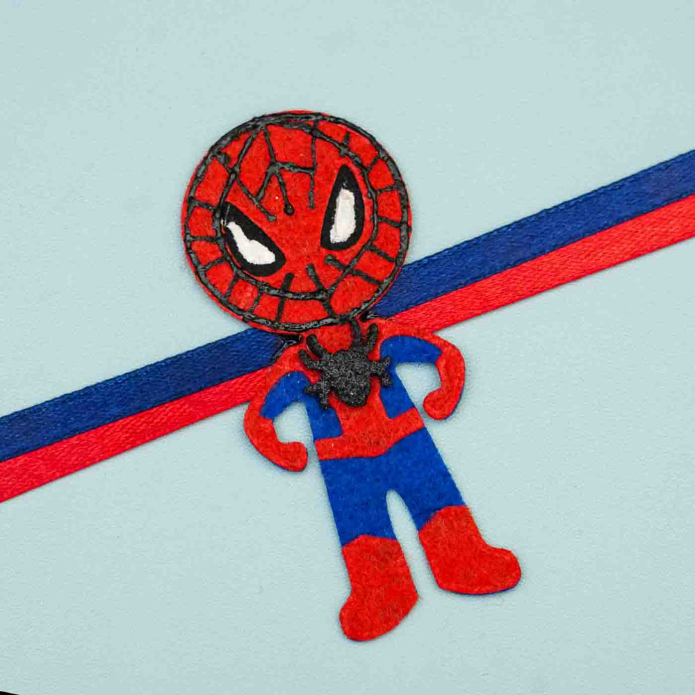Personalized Handmade Spiderman Theme Felt Kids Rakhi And Photo Frame Combo For Brother Set Of 2 - Close-up of Rakhi Detail