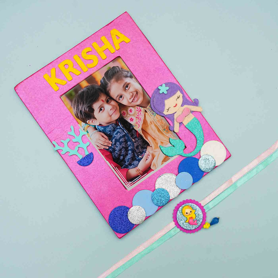 Personalized Handmade Mermaid Theme Felt Kids Rakhi And Photo Frame Combo For Sisters Set Of 2 - Front View with Photo and Name