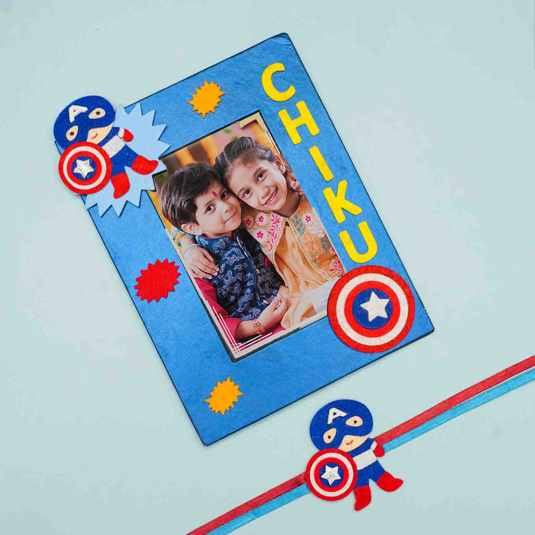 Personalized Handmade Captain America Theme Felt Kids Rakhi And Photo Frame Combo For Brother Set Of 2 - Close-up of Photo Frame and Rakhi