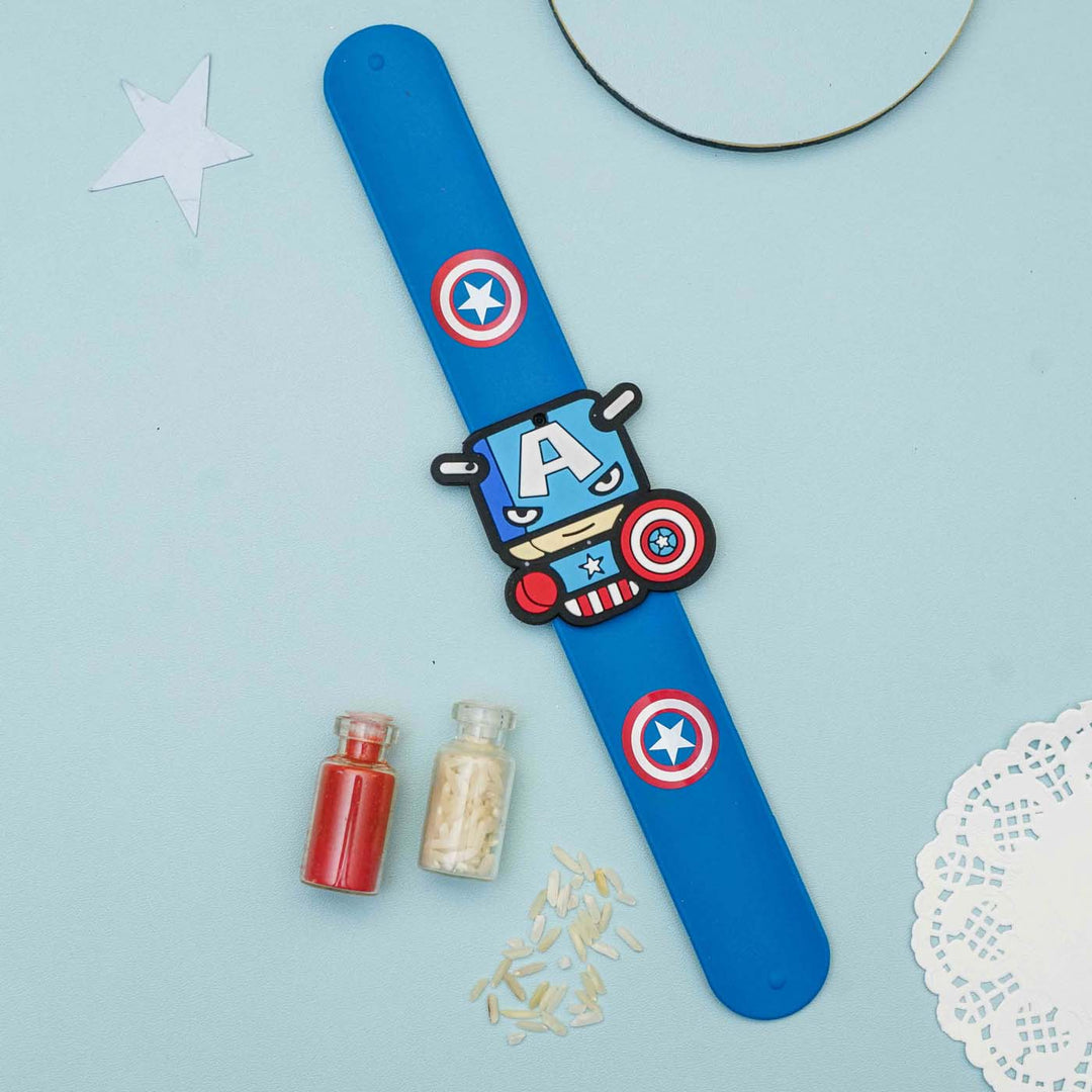 Handmade Captain America Slap Band Kids Rakhi With Roli Chawal - Full Product Layout