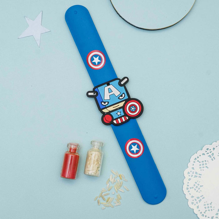 Handmade Captain America Slap Band Kids Rakhi With Roli Chawal - Full Product Layout