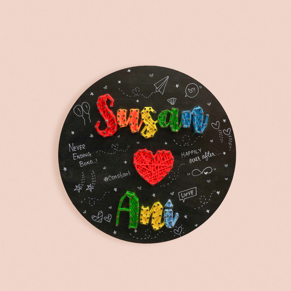 Round Couple Multi Colored String Name Plate - Front View with String Art Personalization