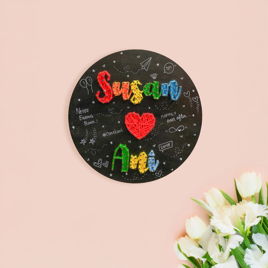 Round Couple Multi Colored String Name Plate - Front View with Name Personalization