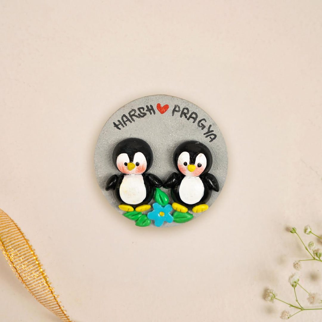 Penguins Couple Personalized Handmade Polymer Clay Round Fridge Magents